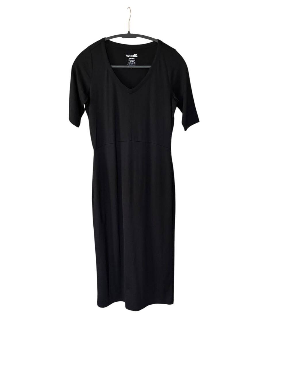 Wool& Wooland Black London Merino Wool Fitted Midi Dress Size XS Short Sleeve